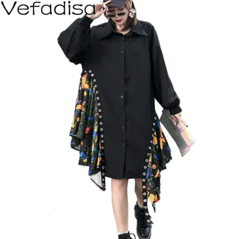 

Vefadisa Spring Black Irregular Blouse Dress Woman 2020 Chiffon Patchwork Single-breasted Lapel Long Sleeve Dress Loose QYF1619