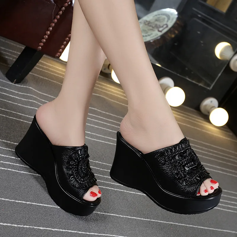 

Pinfeiliren Thick Bottomed Genuine Leather Ultra-High-Heel A- line Sandals Women's Platform Slanted Heel Waterproof Platform Fis
