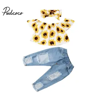 

pudcoco 3PCS Sleeveless Slash neck fashion pullover summer new Kids Girls Clothes Vest Tops +Hole Jeans Headband Outfits Set