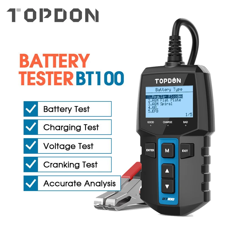 Тестер автомобильного аккумулятора TOPDON BT100 12 в 100 2000 CCA цифровой анализатор для