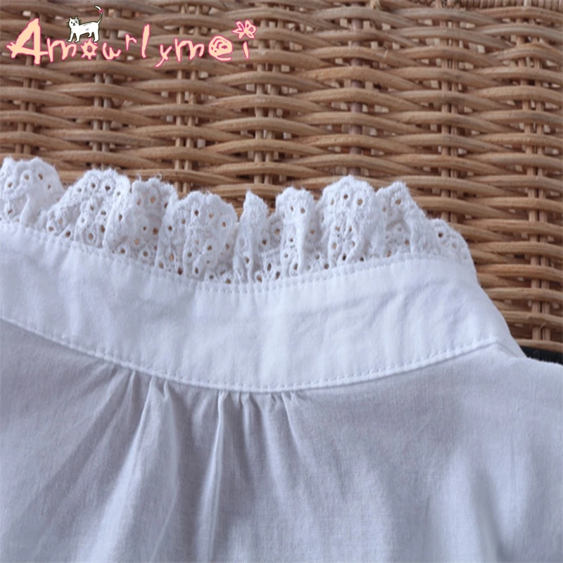 Blusas Femininas Осенняя Женская хлопковая белая рубашка девушка Мори милое воротник-стойка с вышивкой кружевные блузки с расклешенными рукавами Топ
