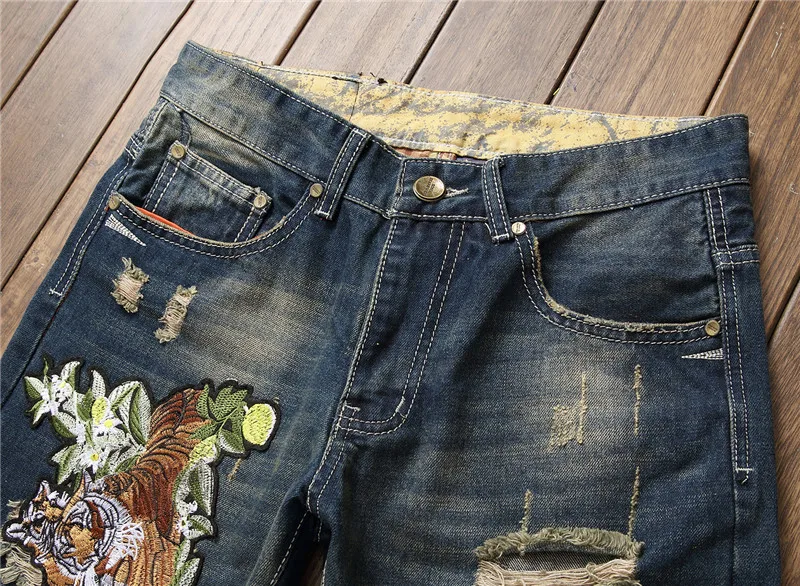 Для мужчин винтажные рваные джинсы с вышивкой в виде тигра уличная Slim fit джинсовые штаны с дырами, рваные Повседневное треники из хлопка джинсы