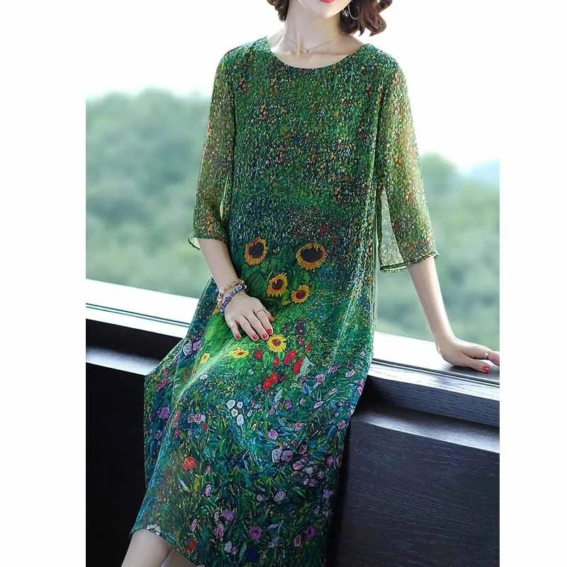 

2019 New Style WOMEN'S Dress Spring Clothing Floral-Print Silk Dress Three-quarter-length Sleeve Mid-length Mulberry Silk Skirt