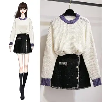 

2020 Autumn Winter Women Sweater Skirt Suits Long Sleeve Loose Casual Knitted Tops And Tweed Plaid Mini Skirt 2 Pieces Sets N322