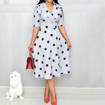 

African Women Office Polka Dots Dress Elegant White Blue Vintage Dresses Party A Line Midi Vestido Summer 2020 Plus Size 2XL