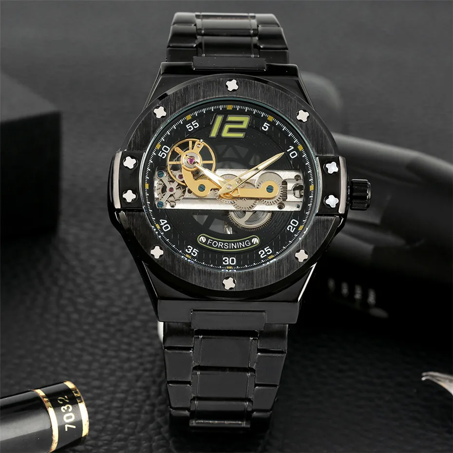 

Mysterious Black Stainless Steel Automatic Mechanical Watches Transparent Skeleton Self Winding Wrist Watch Business Timepiece