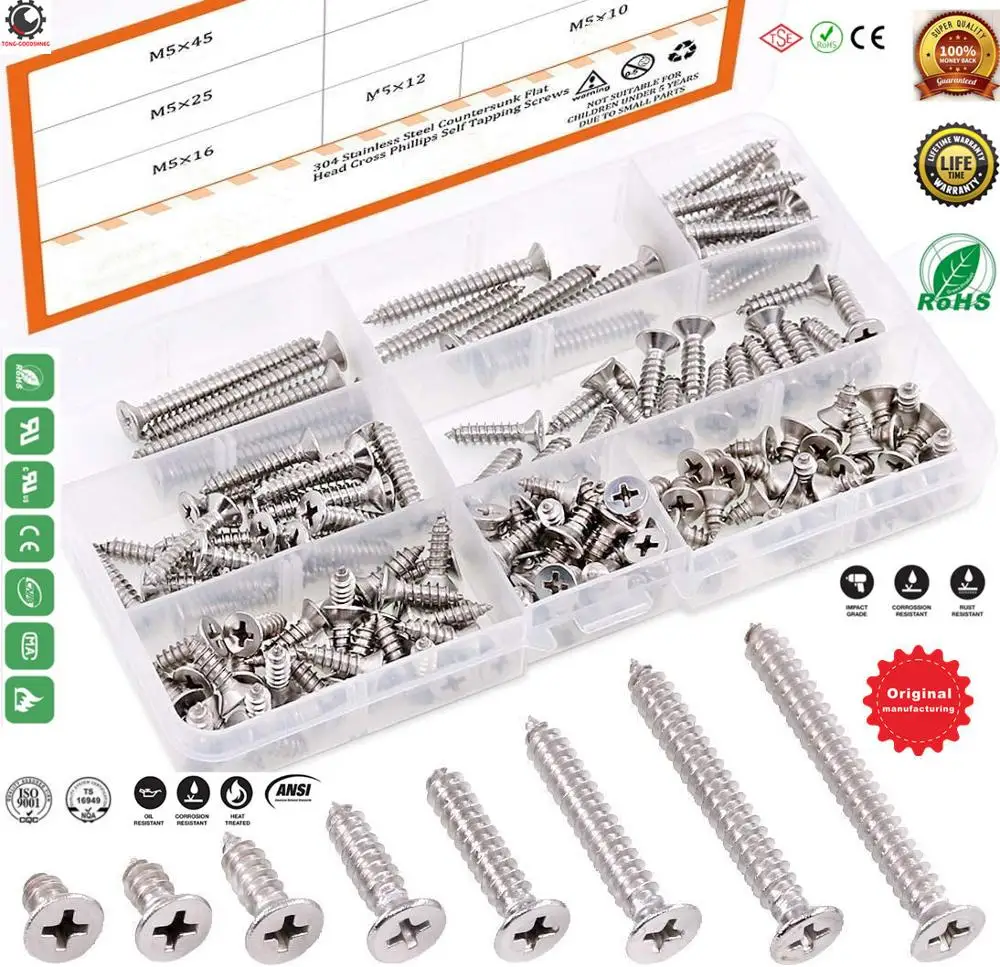 

M5 [10-45mm] 304 Stainless Steel Flat Head Phillips Cross Wood Screw Self Tapping Drilling Screws Assortment Kit,Drywall Screws
