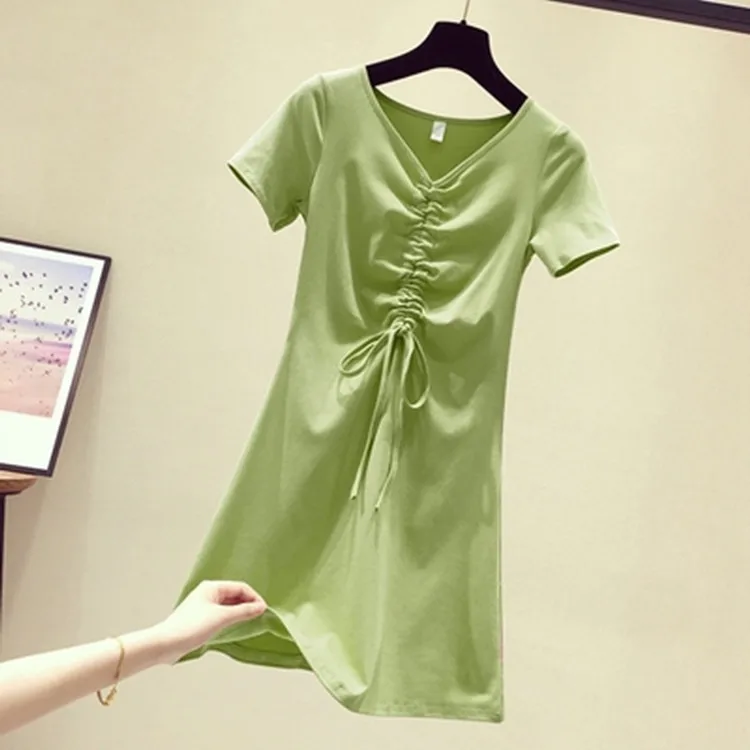 

Avocado Green Dress Women's Summer 2019 New Style Korean-style Waist Hugging Slimming Drawstring Matcha Green Popular T-shirt Sk