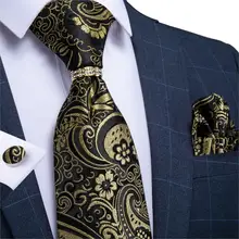 Мужской галстук золотого и черного цвета с узором "пейсли", Свадебный галстук для мужчин, галстук, кольцо, шелковый галстук, набор, Hanky, запонки, DiBanGu, деловые JZ03-7023