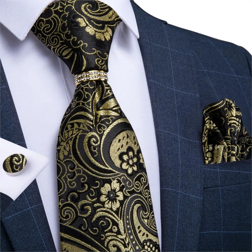 

Mens Necktie Gold Black Paisley Design Wedding Tie For Men Necktie Ring Silk Tie Set Hanky Cufflinks DiBanGu Business JZ03-7023