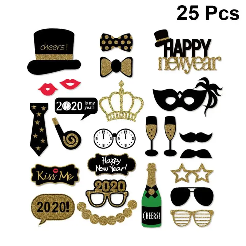 

25pcs 2020 New Year Party Photo Props Set Glitter Glasses Moustache Crown Decoration Photo Booth Props Photography
