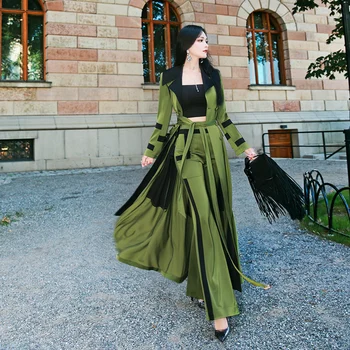 

2020 spring new lady Fashion sexy Cultivate oneself Splicing Long windbreaker High waist Army green Two piece suit women's sets