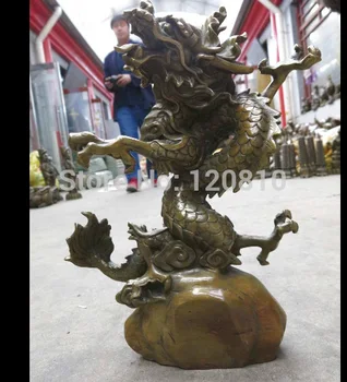 

14" China brass fine workmanship circle around dragon on stone Sculpture Statue