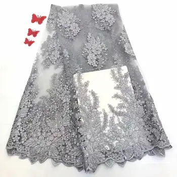 

Cheap gray 5 Yards African Lace Fabric High Quality Lace Nigerian Lace Fabrics Embroidery Tulle French Lace For Women Dress FD12