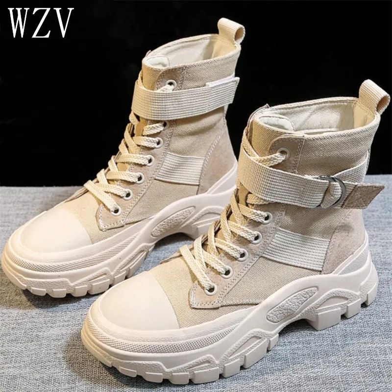 

New Women Ankle Boots Canvas Motorcycle Boots Rubber Platform Lace Up Ladies Boots Winter Boots Mujer G13