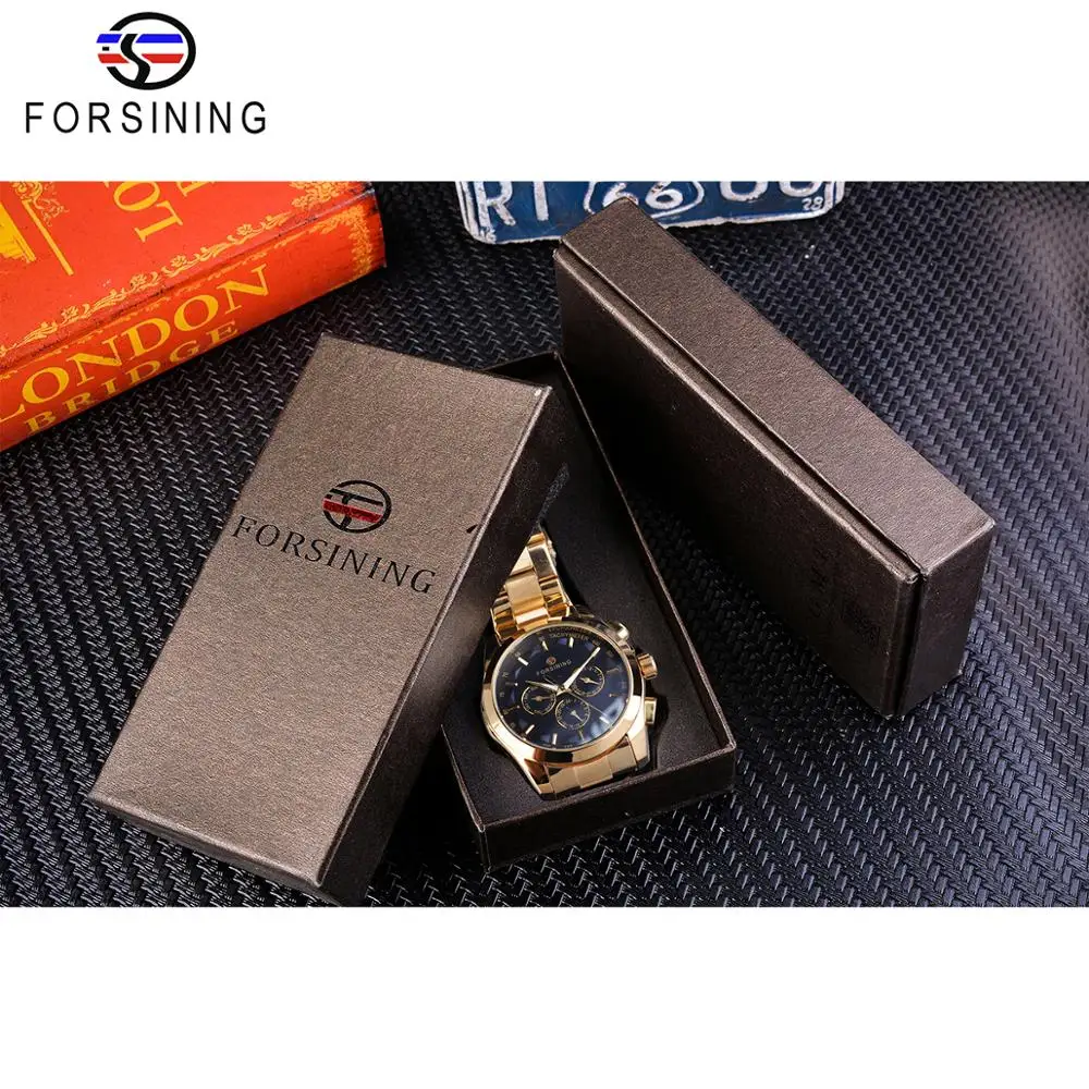 Forsining Black Business Mechanical Men Watch Automatic 3 Sub Dial Date Golden Steel Band Dress Wristwatch Clock Hour Time Reloj_voghion.com