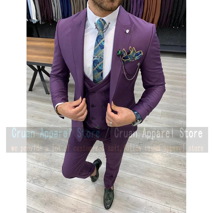 

2021 Latest Purple Bridegroom Wedding Suits Set Tailor-made Formal Male Tuxedo Dinner Business Jacket Waistcoat Pants 3 Pieces