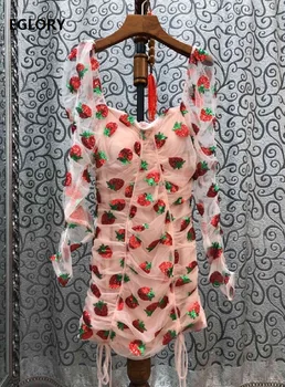 

Sequined Dress 2020 Summer Sexy Club Ladies Sexy Square Collar Strawberry Patterns Long Sleeve Pleated Tight Dress Above Knee