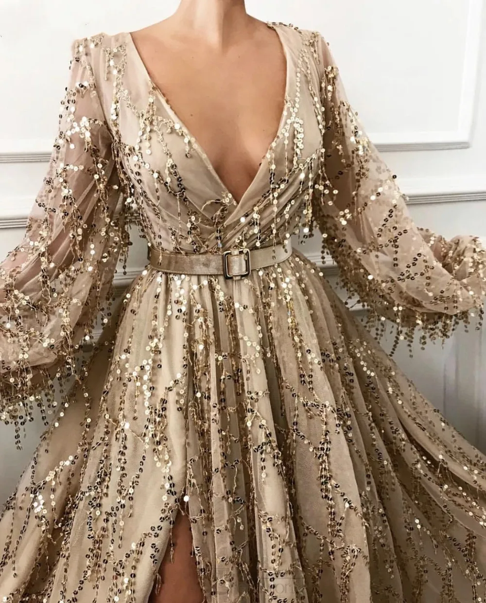 party gown Sexy Champagne Evening Dresses 2022 Sequins Lace Prom Gowns Long Sleeves Front High Slit Party Night Vestidos De Noite green evening gown