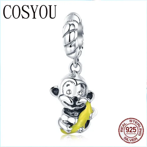 

COSYOU 100% 925 Sterling Silver Animal Collection Cute Monkey & Banana Love Charm fit Charm Bracelet Bangle DIY Jewelry SCC520