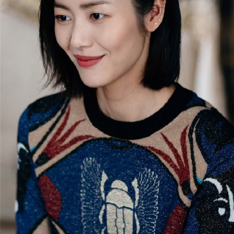 Зимний брендовый дизайнерский женский свитер с цветочным принтом «Жук» в стиле ретро, милый свитер с длинными рукавами и круглым вырезом