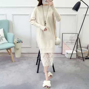 

Autumn and winter clothing in the long section of pregnant women sweater knitting new 2019 loose large size dress can breastfeed