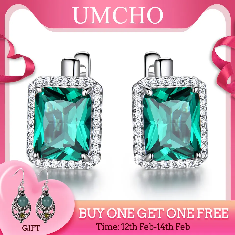 Tanie UMCHO Luxury Rectangle utworzono szmaragdowe klipsy Solid 925 Sterling Silver kolorowy kamień szlachetny kolczyki dla kobiet Fine Jewelry