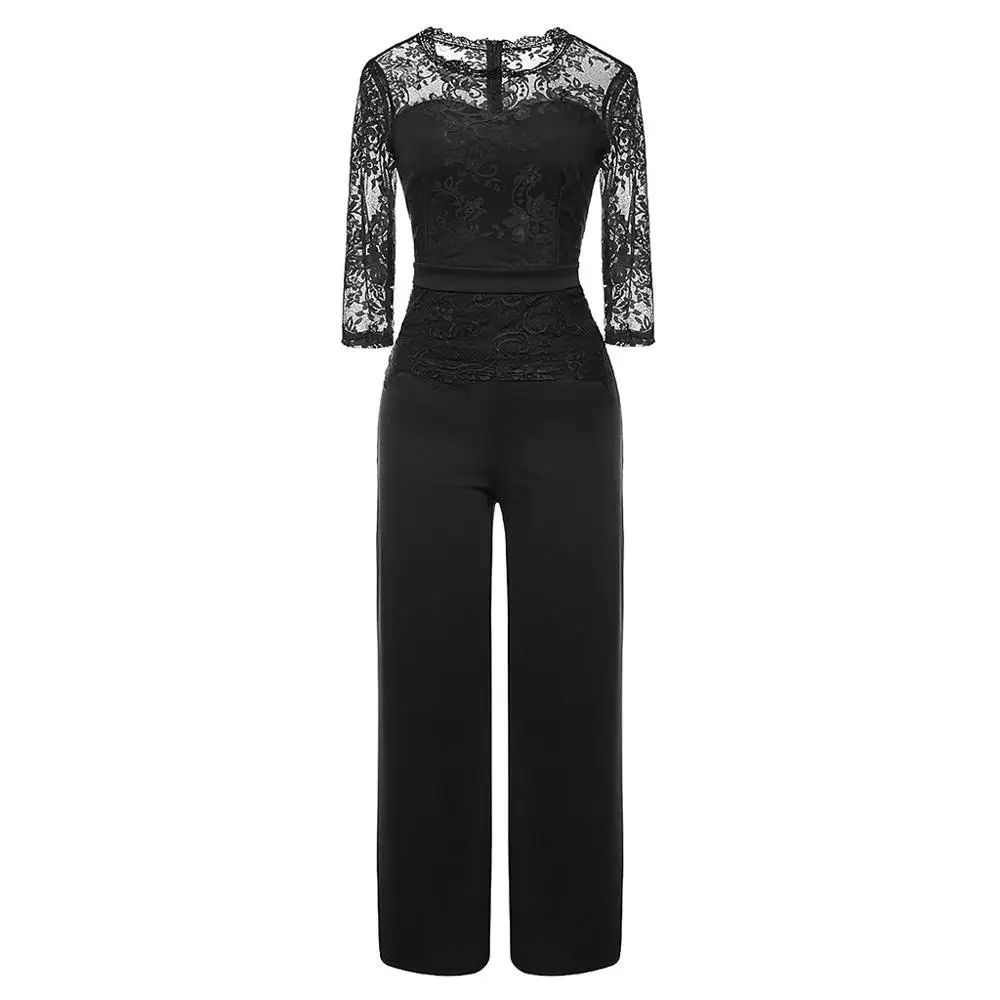 Ladies' Sexy O-neck Three Quarter Sleeve Party And Evening Casual Lace Stitching Jumpsuit One Piece Women Sexy Costumes Romper - Цвет: Черный
