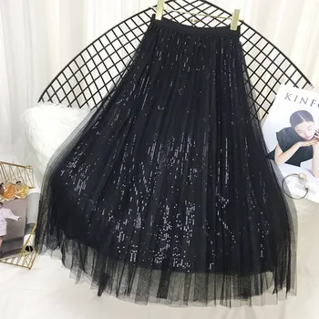 

Spring Summer Sequins Pleated Skirts Womens Two Layer Tulle Glitter Casual Long Fashion Women Midi Skirts Office Lady CRRIFLZ