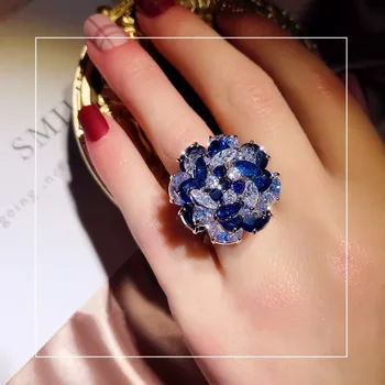 

925 SILVER RINGS FOR WOMEN CUBIC ZIRCONIA BLUE FLOWER ROTATE OPEN RING ADJUSTABLE INDEX FINGER RING VINTAGE FINE JEWELRY