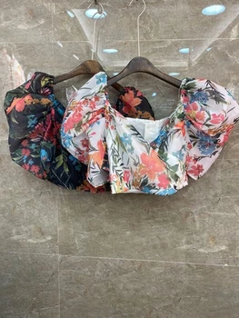 

2020 Spring and Summer New Women's round Neck Printed Pattern Assorted Color Decoration All-match Short Top 702