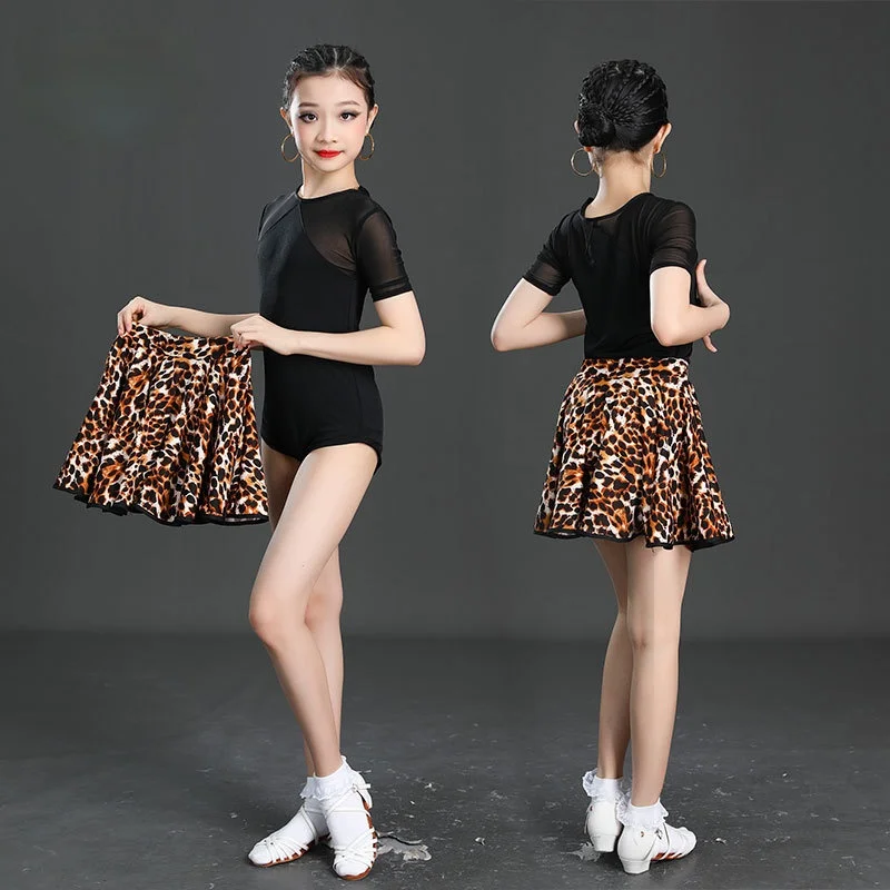 

Детское платье для латиноамериканских танцев, топ с коротким рукавом и юбка с леопардовым принтом, костюм для тренировок и соревнований, лето