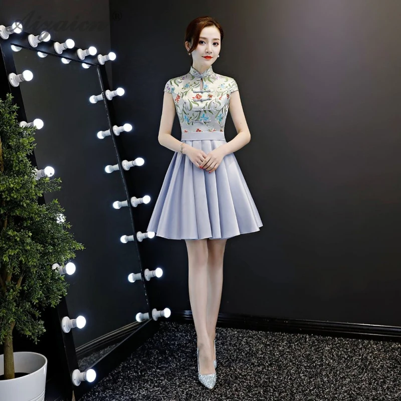 

Fashion New Mini Satin Skirt Cheongsam Modern Host Slim Qi Pao Women Chinese Evening Dress Qipao Promotion Oriental Style Gown