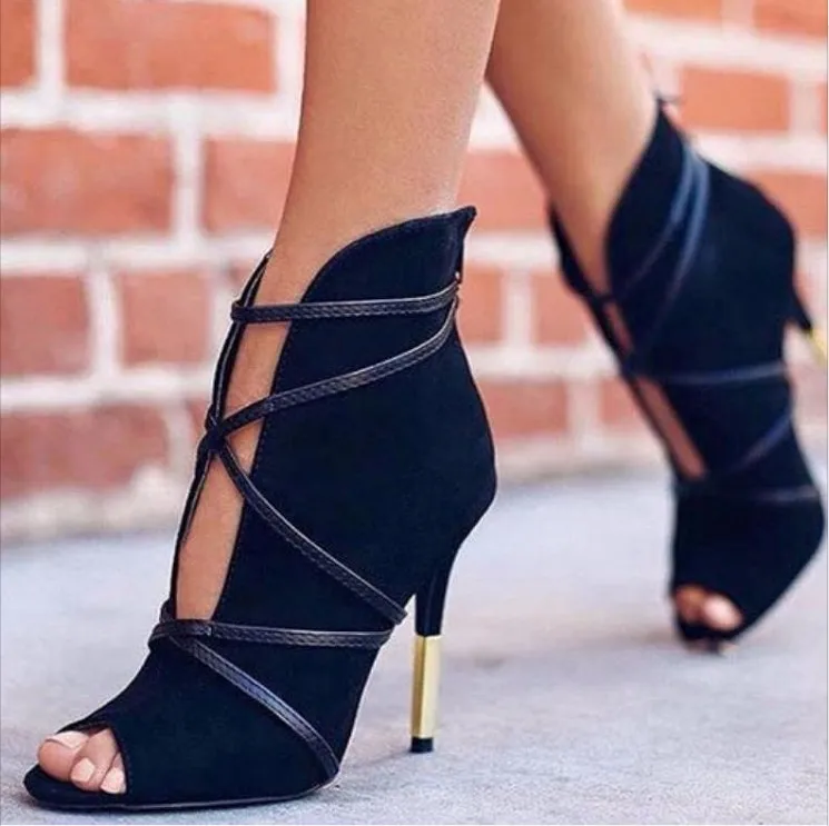

2019 New Fashion Woman Faux Suede Pumps Sexy Open Toe Ankle Boots Slip On Deep V Cut High Heel Lady Autumn Shoes hmj8