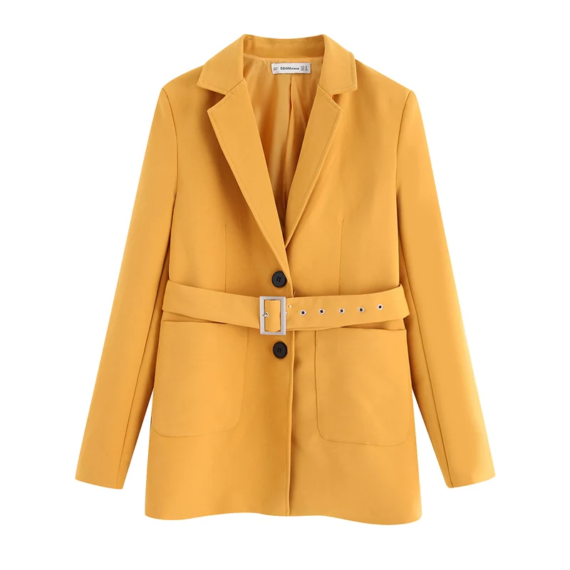 OMIKRON женский однотонный элегантный Блейзер Осень-Зима Блузка с ремнем/для офиса Женская Верхняя одежда Женский Повседневный Женский однобортный Блейзер на пуговицах - Цвет: Yellow