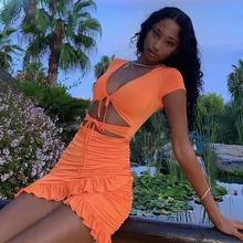 Mini robe froncée à lacets, col en V, moulante, ajourée, à volants, vêtements de plage, été, 2020 