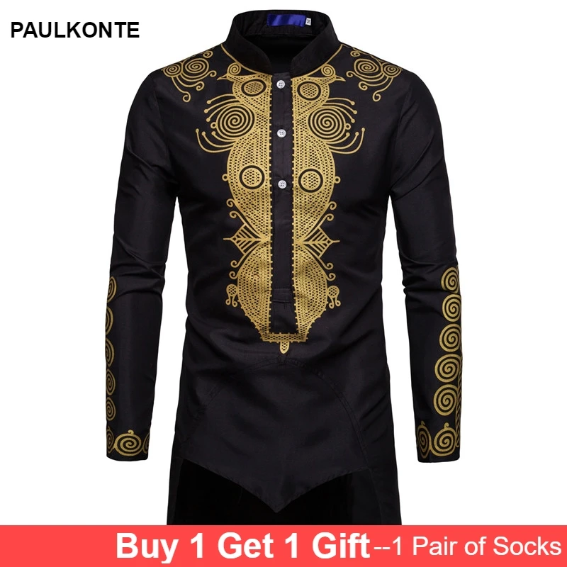 

2019 autumn and winter new Middle East bronzing print robes long-sleeved men's shirt Slim stand collar men's shirt