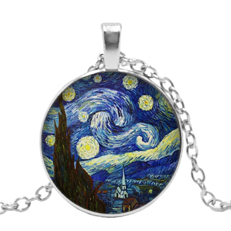 2019 New Handmade Van Gogh Oil Painting Starry Works Pendant 3 Color Glass Cabochon Necklace Fashion Jewelry Sweater Chain | Украшения и