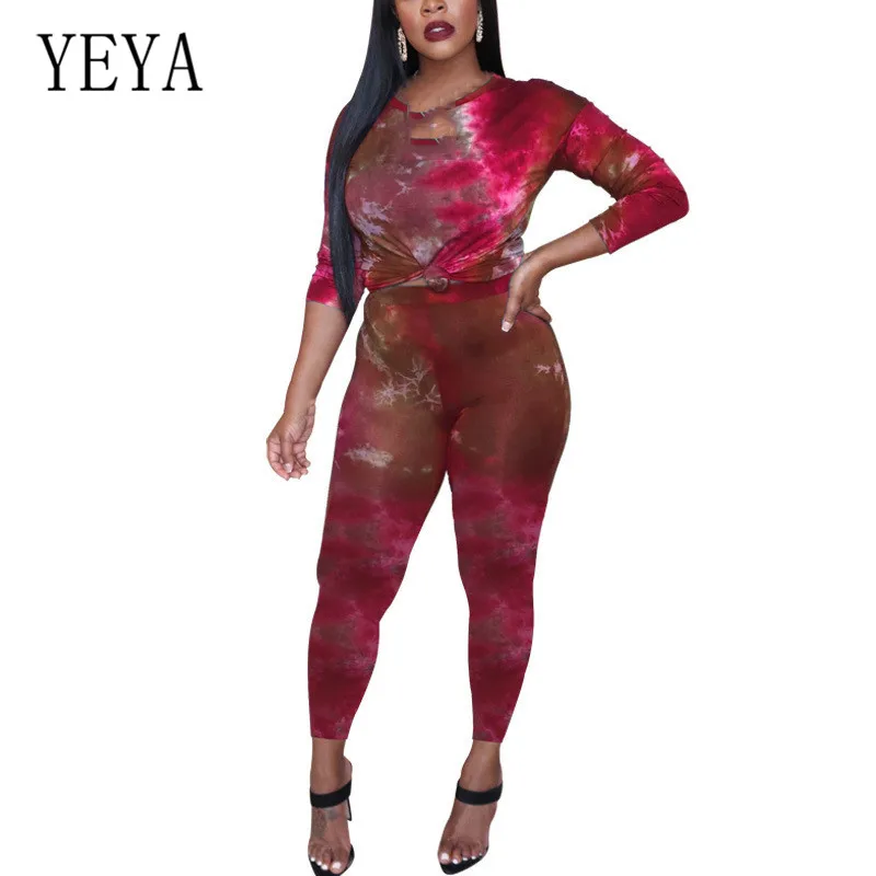 

YEYA Vintage Printing Two Pieces Sets Autumn Jumpsuits for Women Elegant Casual Bodycon Bandage Playsuit Sexy Club Rompers