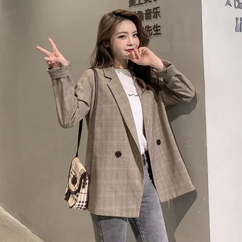 

Spring Coat Woman Coffee Plaid Blazer 2020 British Style Elegant Ladies Single Button Jacket Workwear