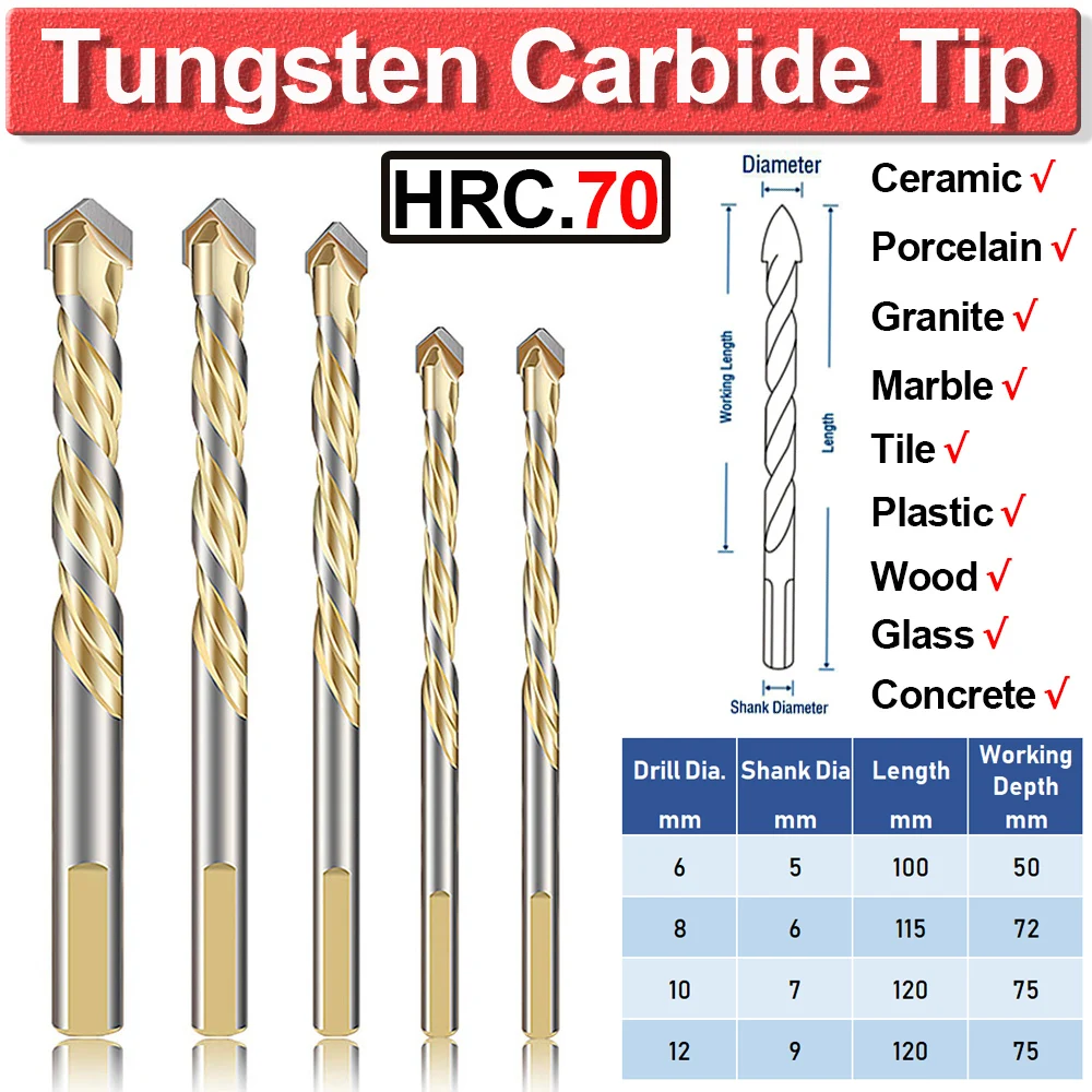 5pcs Tungsten Carbide Tip Tile Drill Bits Set For Multimaterial