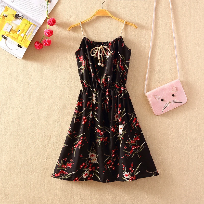 Fashion Floral Print Strap Sundress Sexy Elastic Waist Sleeveless Dresses Bohemian Women Summer Dress