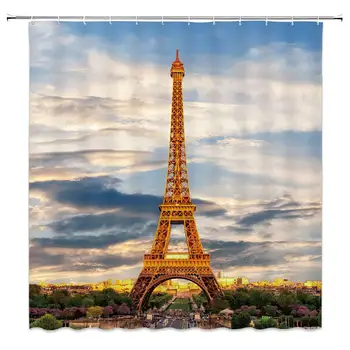 

Eiffel Tower Shower Curtain, Romantic Paris France City View Architecture Tourist Attraction Urban Holidays Getaways Real