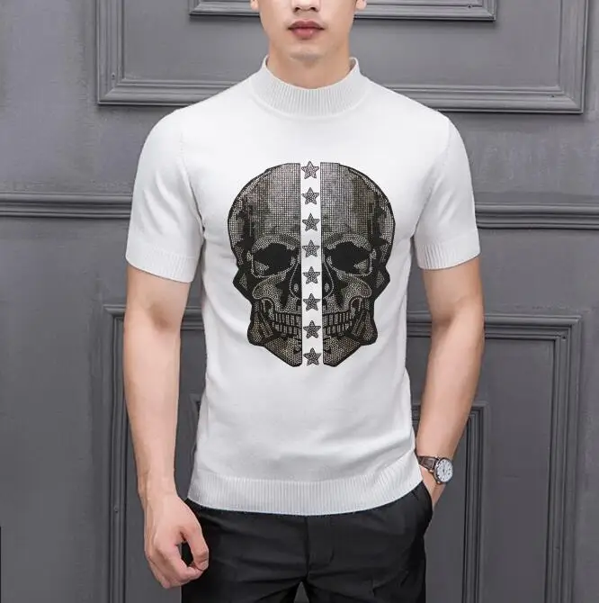 

Rhinestones High Quality Fashion Man Knitted Pullover Winter O-Neck Short Sleeve Men Sweater