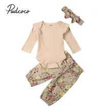 Брендовая одежда с цветочным рисунком для новорожденных девочек Комбинезон вязаный Топ Штаны Леггинсы Брюки Набор резинок для волос Осень 3 шт