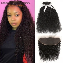 Rebecca Kinky Curly Lace fronal Closure 13x4 с пучком бразильских вьющихся волнистых человеческих волос Remy 3 пряди с фронтальным кружевом