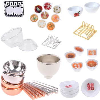

Chinese Cuisine Dessert Noodles Tofu Fish Bowls Chopsticks Dish Rack Dollhuse Miniature Baby DIY Kitchen Doll Houses Toys