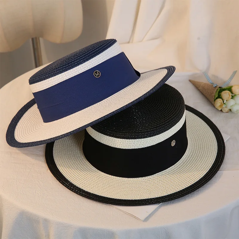 Summer Elegant Retro Women Flat Top Straw Hat Trip Caps Leisure Beach Sun Hats M Letter Breathable Flower Beach Hat 2