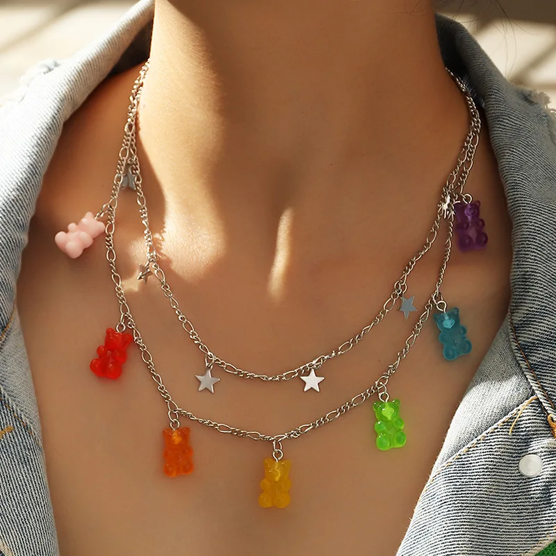 

2020 Fashion creativity Disco Dancing Cool GIRL'S Transparent Jelly Color 7 colors Bear Necklace gifts