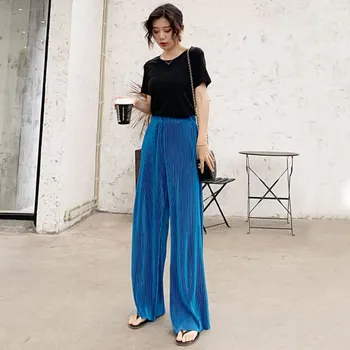 

Pantalones Mujer Solid Color Loose Wide Leg Pants 2019 Female Loose Fashion Drawstring High Waist Trousers Straight Casual Pants